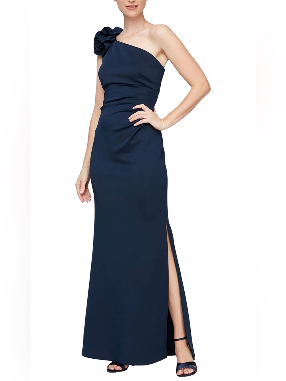 S.L. Fashions Women's Long Length Scuba One Shoulder Gown W/Flower Detail